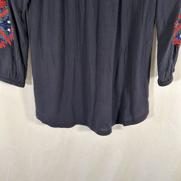 LOFT Blouse Women's Small Blue Long Sleeve Embroidered Sleeve Stretchy Neckline - Picture 3 of 9